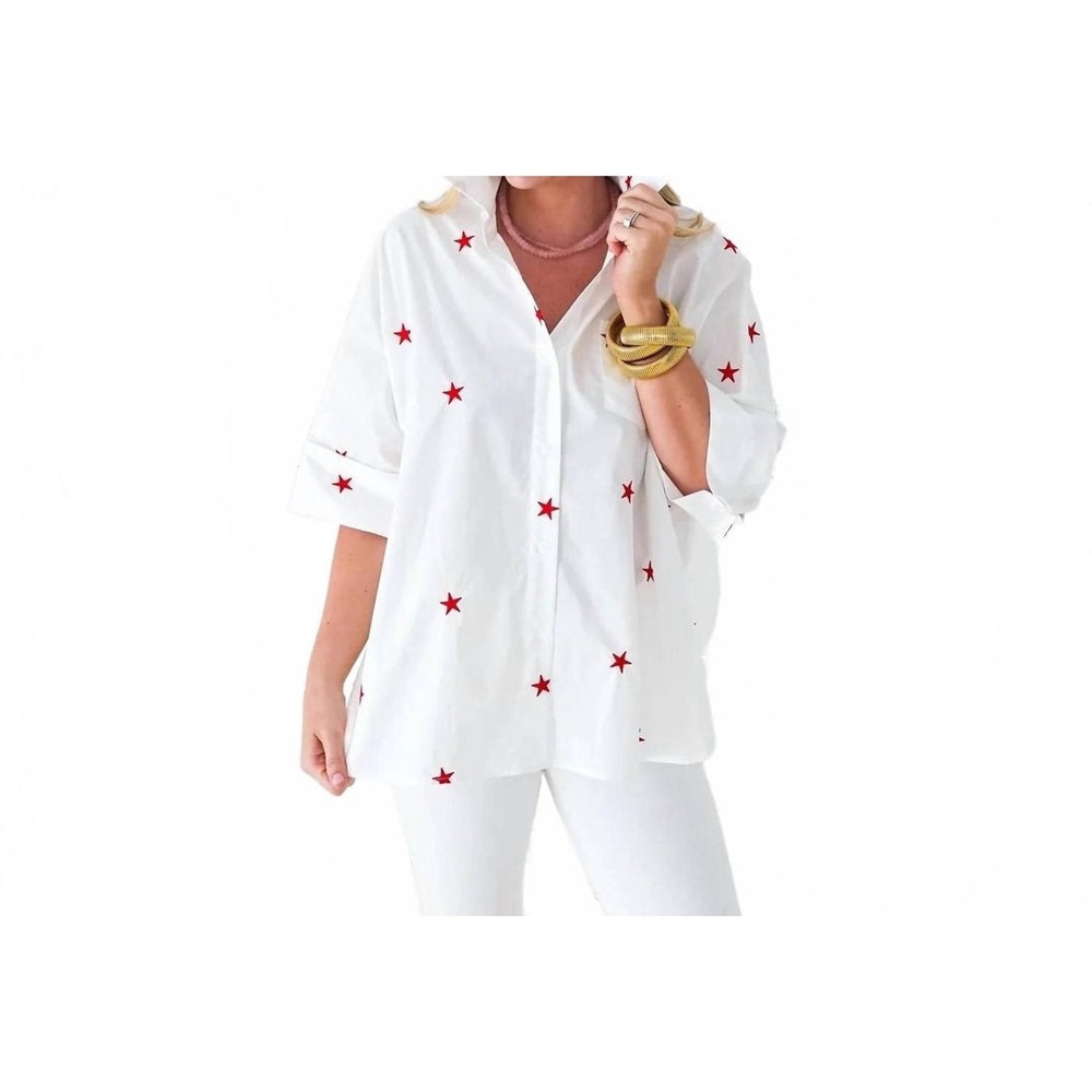 Caryn Lawn Womens White Red Embroidered Oversize Button Down Abby Swing Star Top